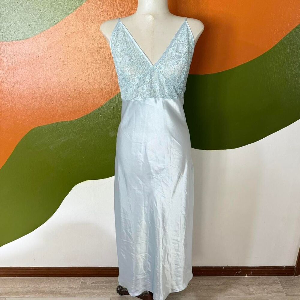 Vtg 90s Icy Blue Satin Lace Slip Dress Maxi Nightgown Coquette Fairy Cottage L